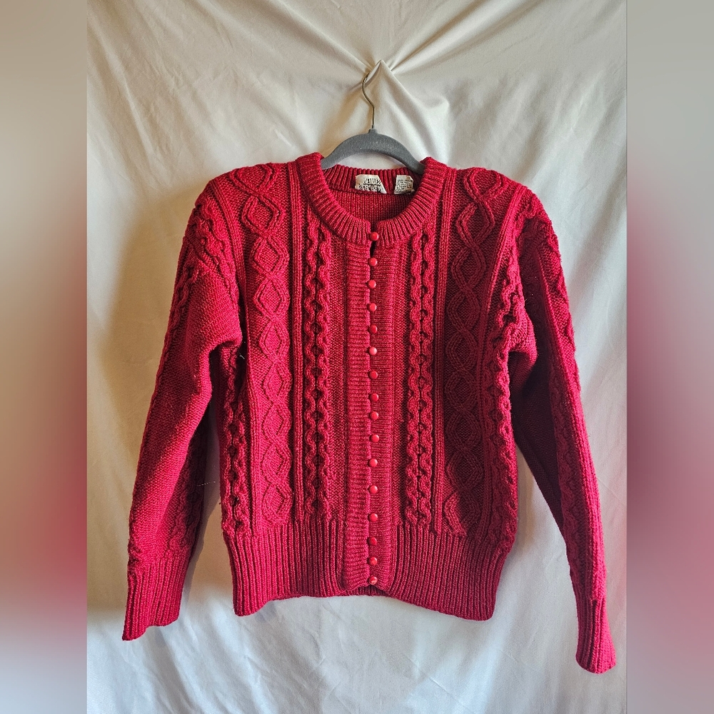 Red Cable Knit Women's Sweater CARTIGAN Vintage Medium
